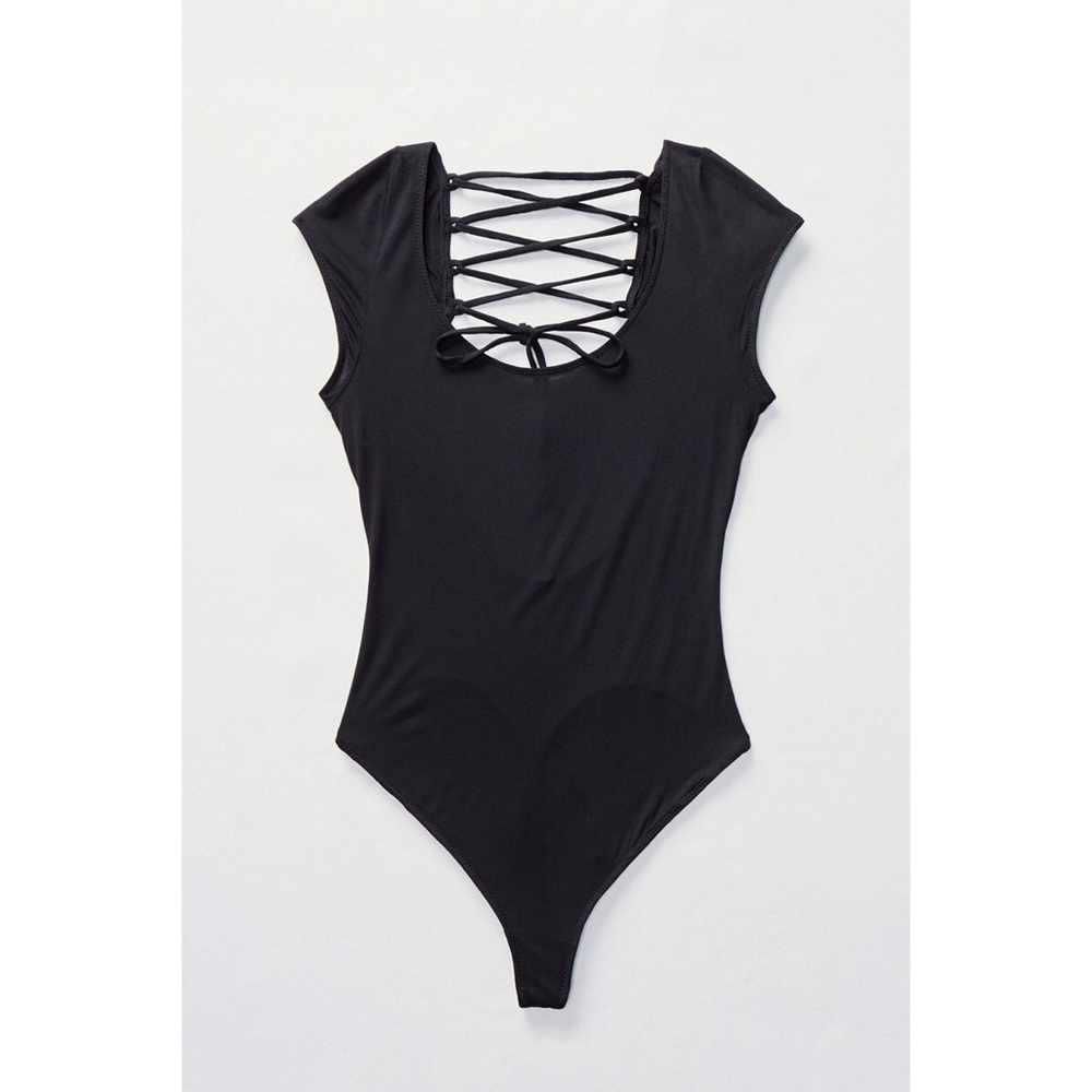 Free People |  Black Short Sleeve Lace Up Bodysuit L